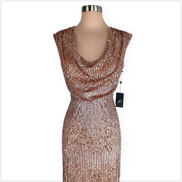 Adrianna Papell Rose Gold Cowl Neck Beaded Sequin Column Gown Dress NWT NEW 4 - Picture 5 of 7